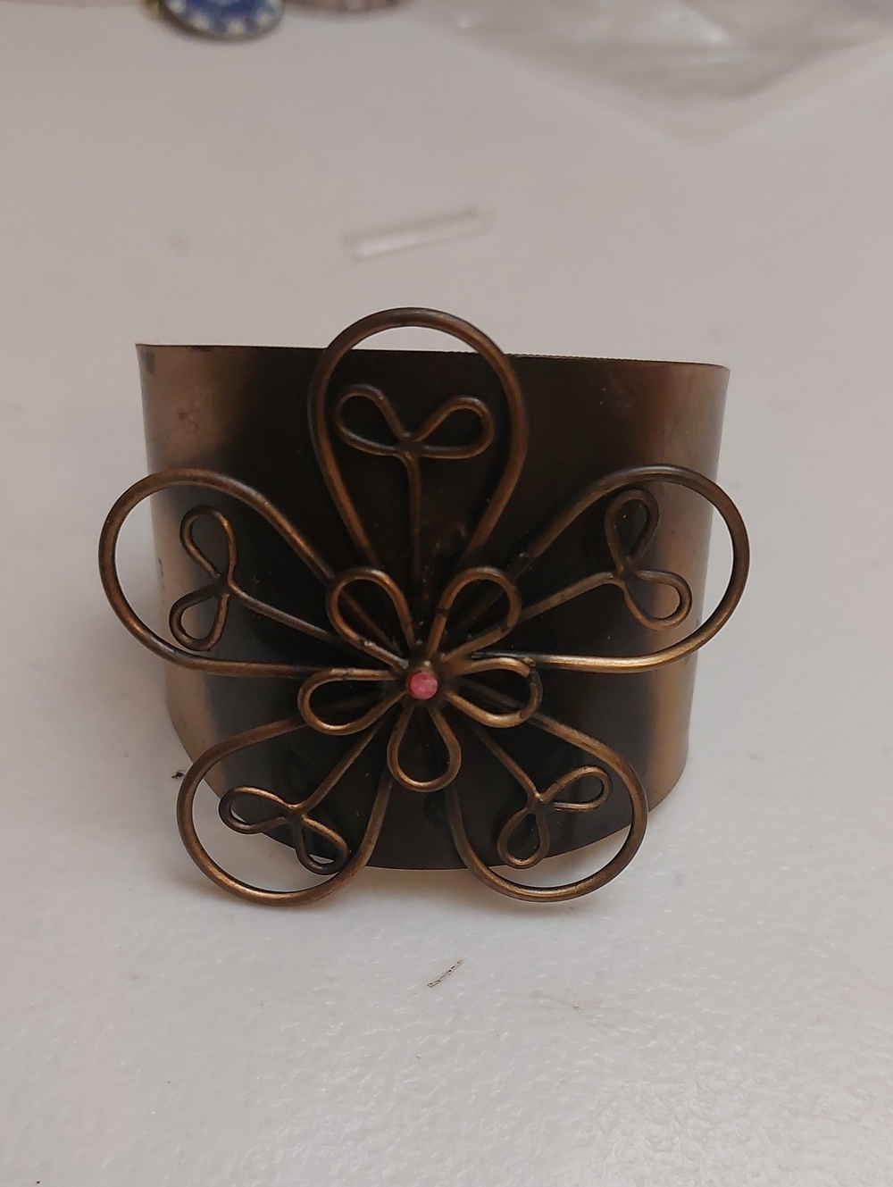 Rustic Steampunk Wide Cuff Bracelet With Loopy Flower Focal Brass Tone Metal